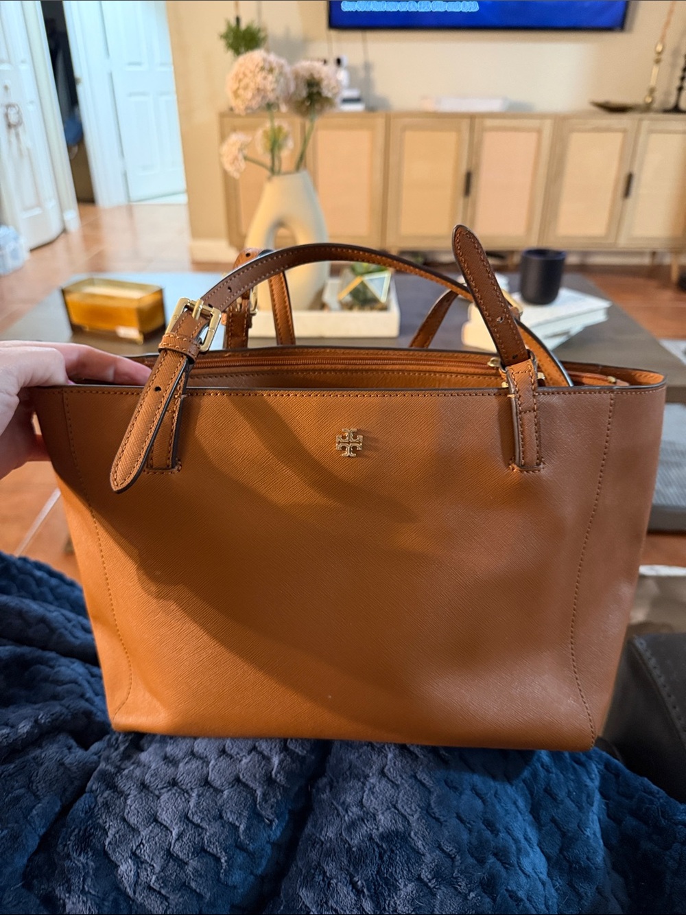 Tory Burch Cognac Leather Mini Tote with Gold Logo